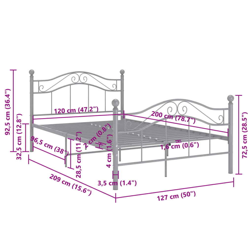 vidaXL Bed Frame without Mattress Grey Metal 120x200 cm