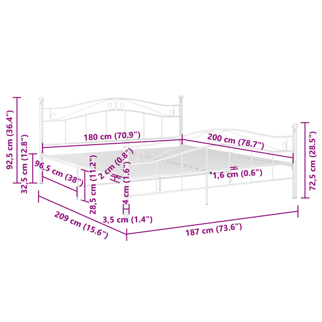 vidaXL Bed Frame without Mattress White Metal 180x200 cm Super King