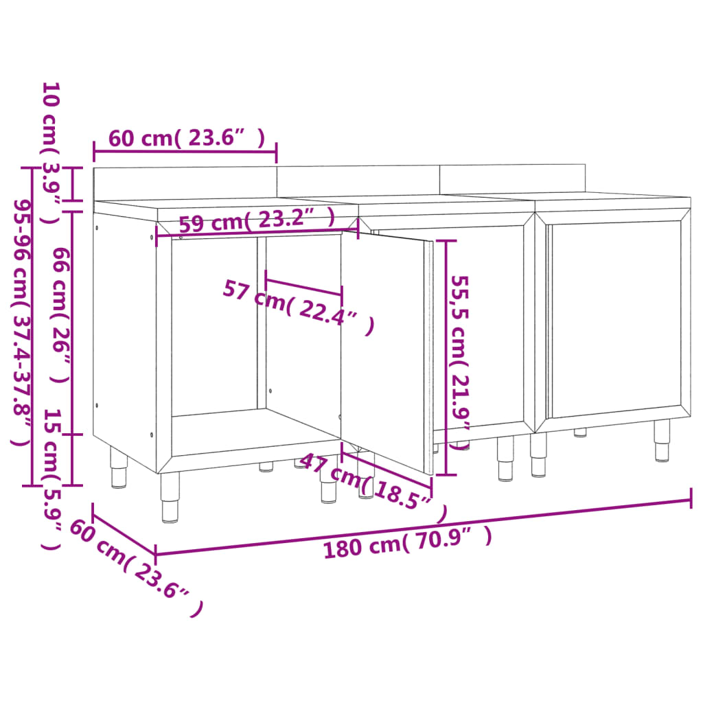 vidaXL Commercial Work Table Cabinet 180x60x96 cm Stainless Steel