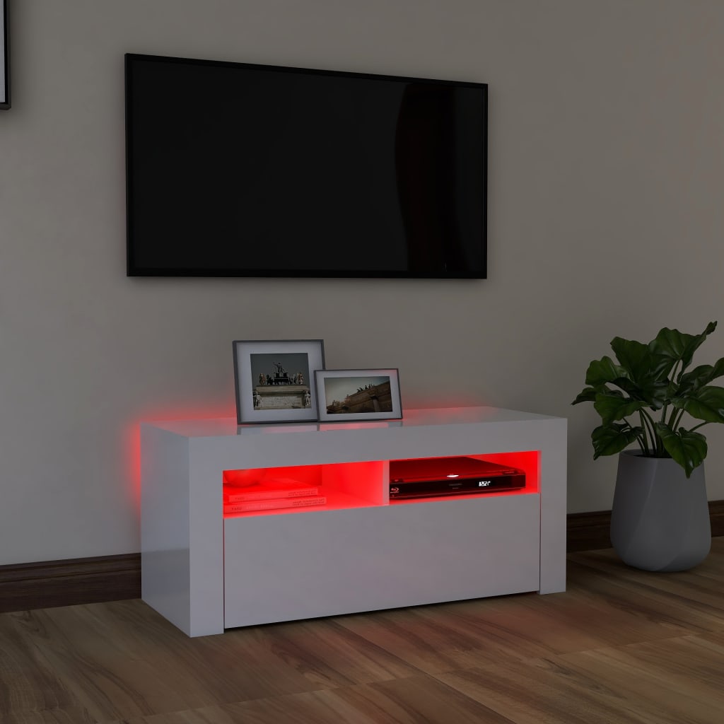 vidaXL TV Cabinet with LED Lights High Gloss White 90x35x40 cm