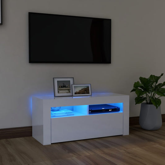 vidaXL TV Cabinet with LED Lights High Gloss White 90x35x40 cm