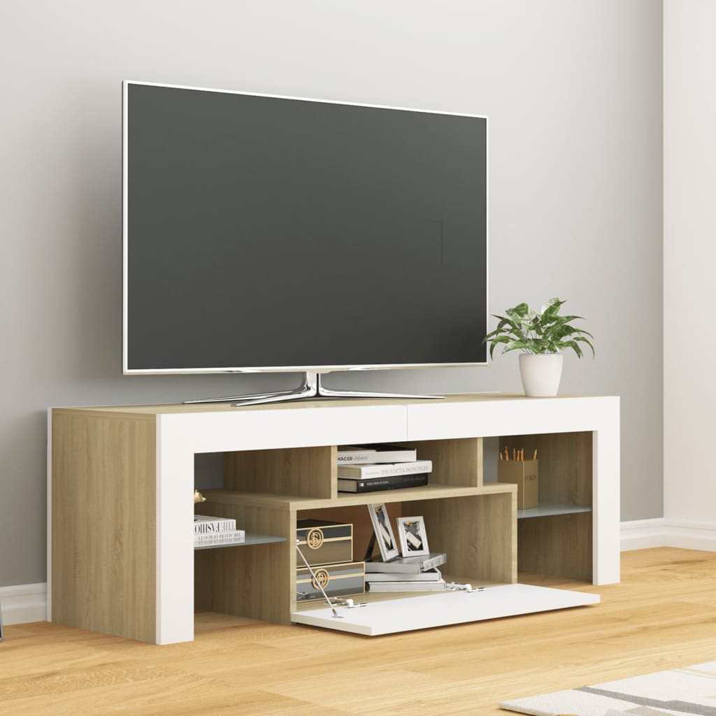 vidaXL TV Cabinet with LED Lights White and Sonoma Oak 120x35x40 cm