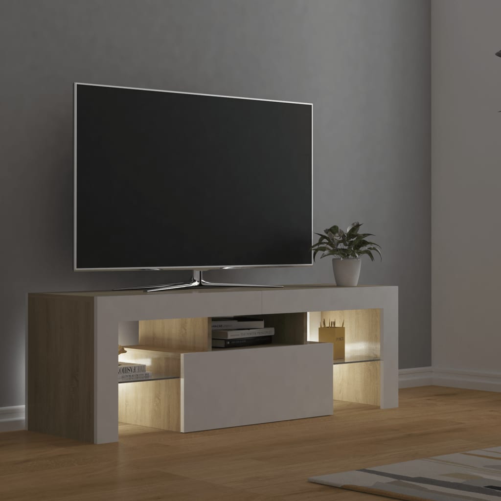 vidaXL TV Cabinet with LED Lights White and Sonoma Oak 120x35x40 cm