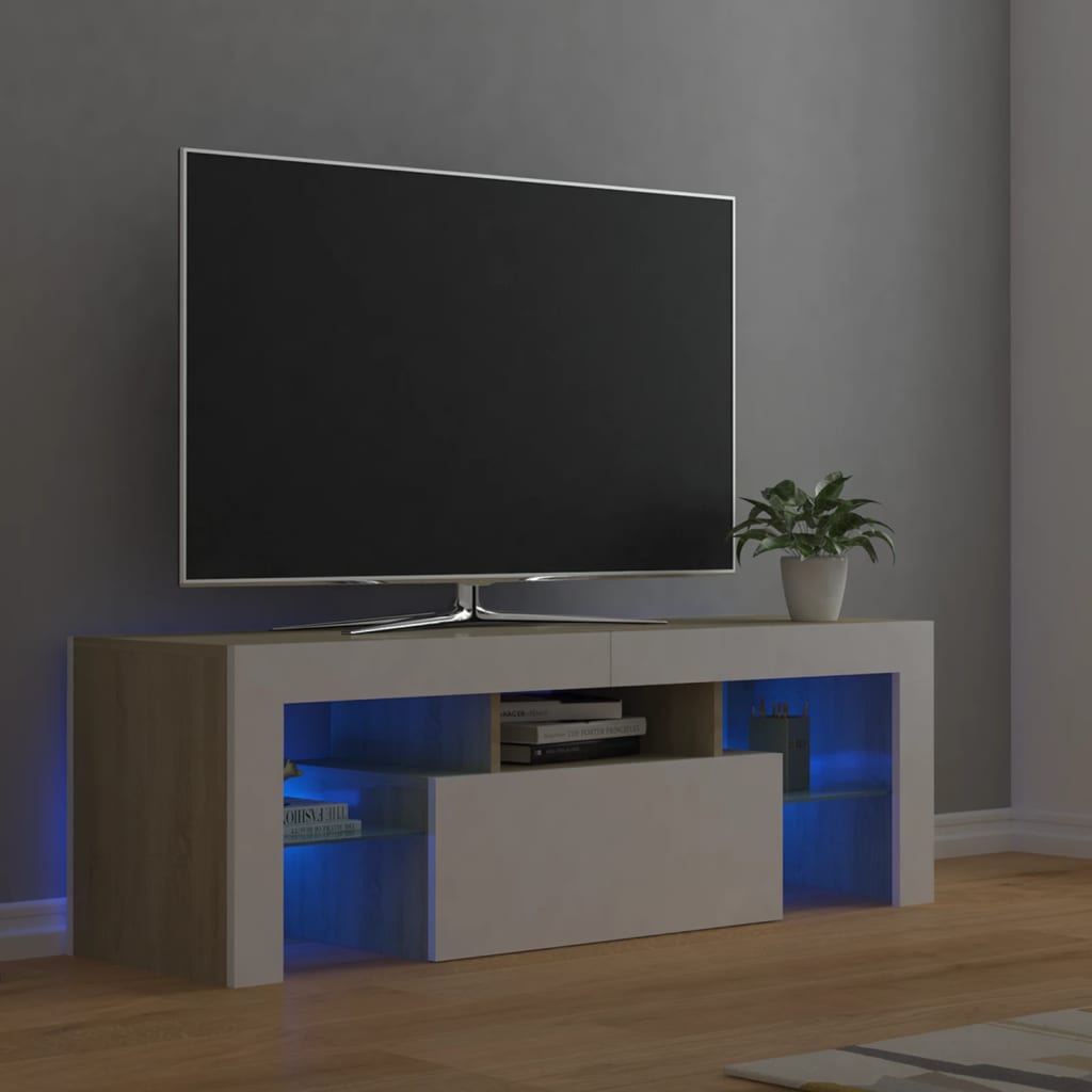 vidaXL TV Cabinet with LED Lights White and Sonoma Oak 120x35x40 cm