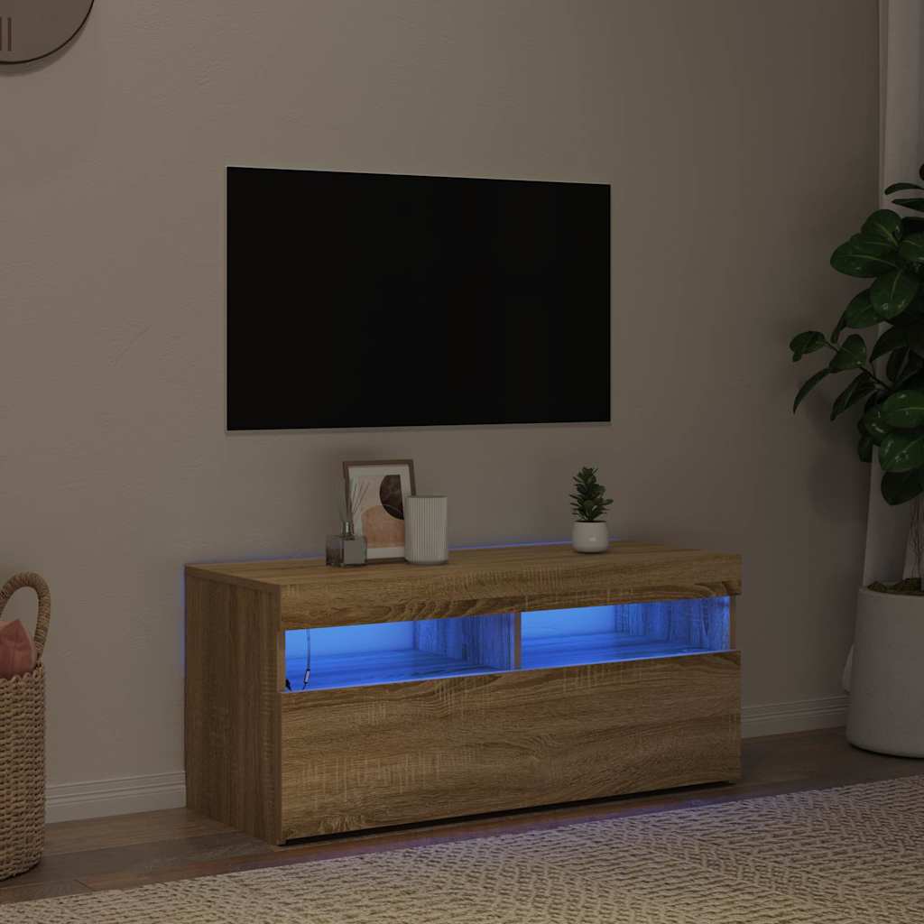 804385 vidaXL TV Cabinet with LED Lights Sonoma Oak 90x35x40 cm