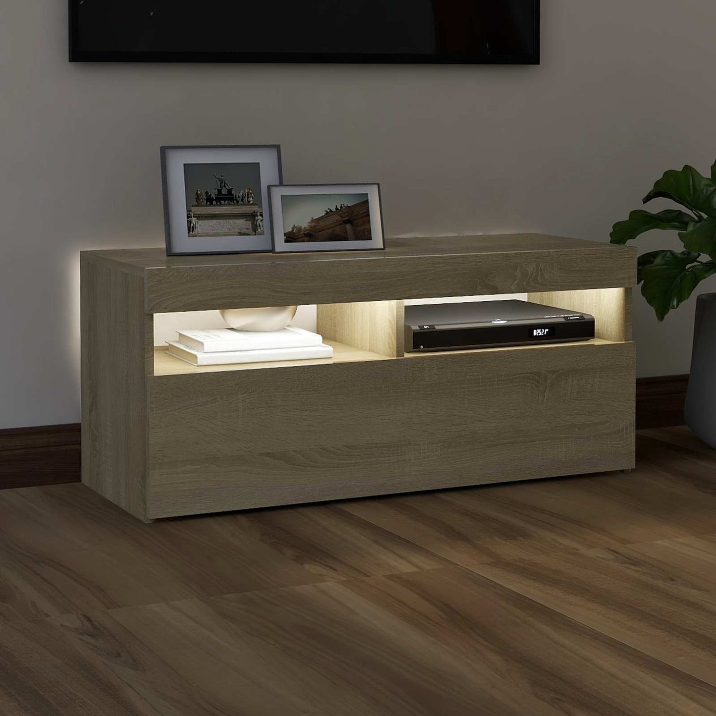 804385 vidaXL TV Cabinet with LED Lights Sonoma Oak 90x35x40 cm