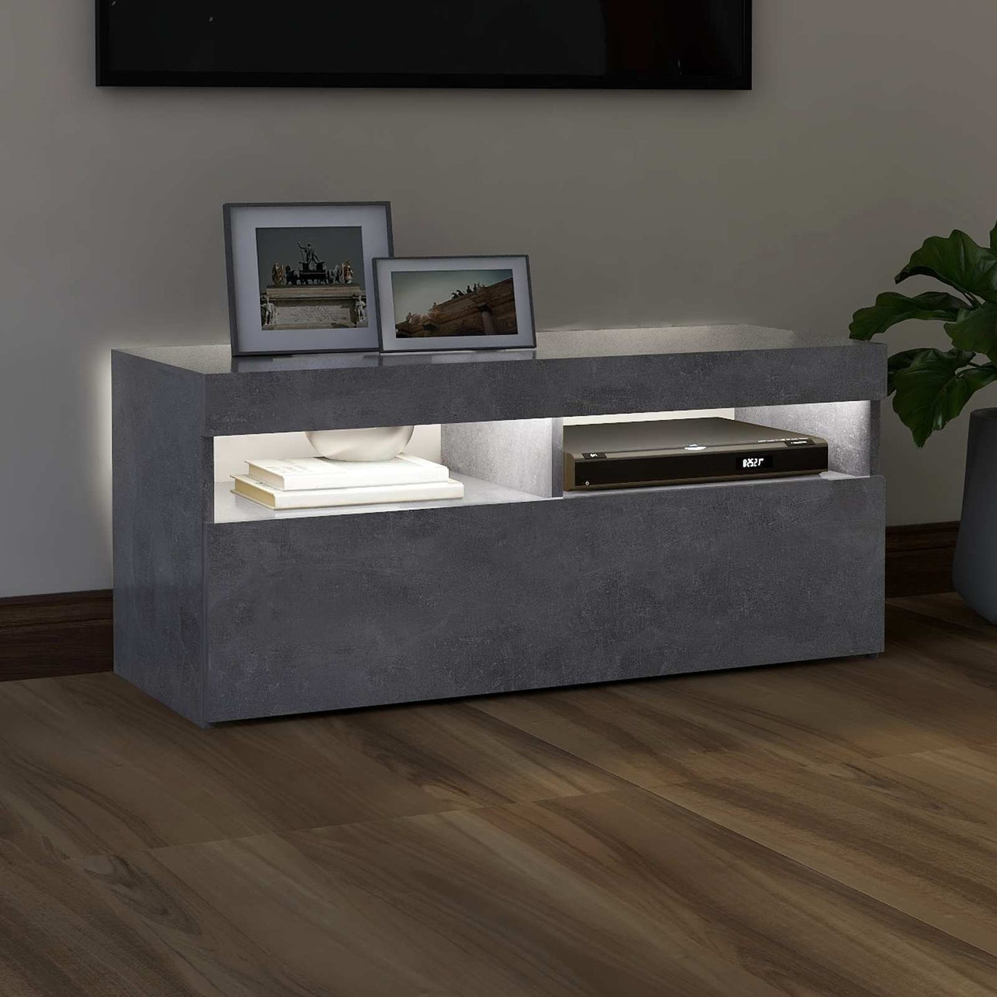 804386 vidaXL TV Cabinet with LED Lights Concrete Grey 90x35x40 cm