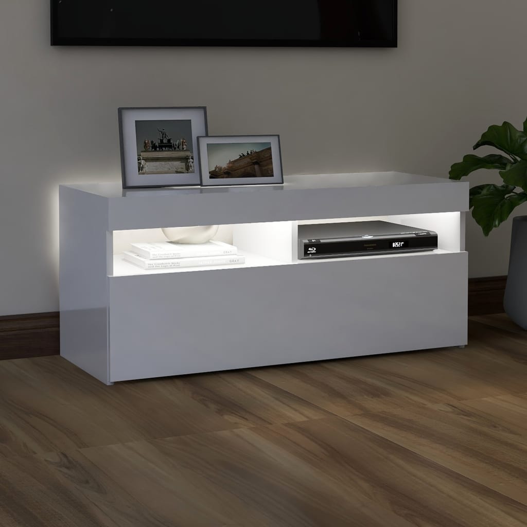 vidaXL TV Cabinet with LED Lights High Gloss White 90x35x40 cm