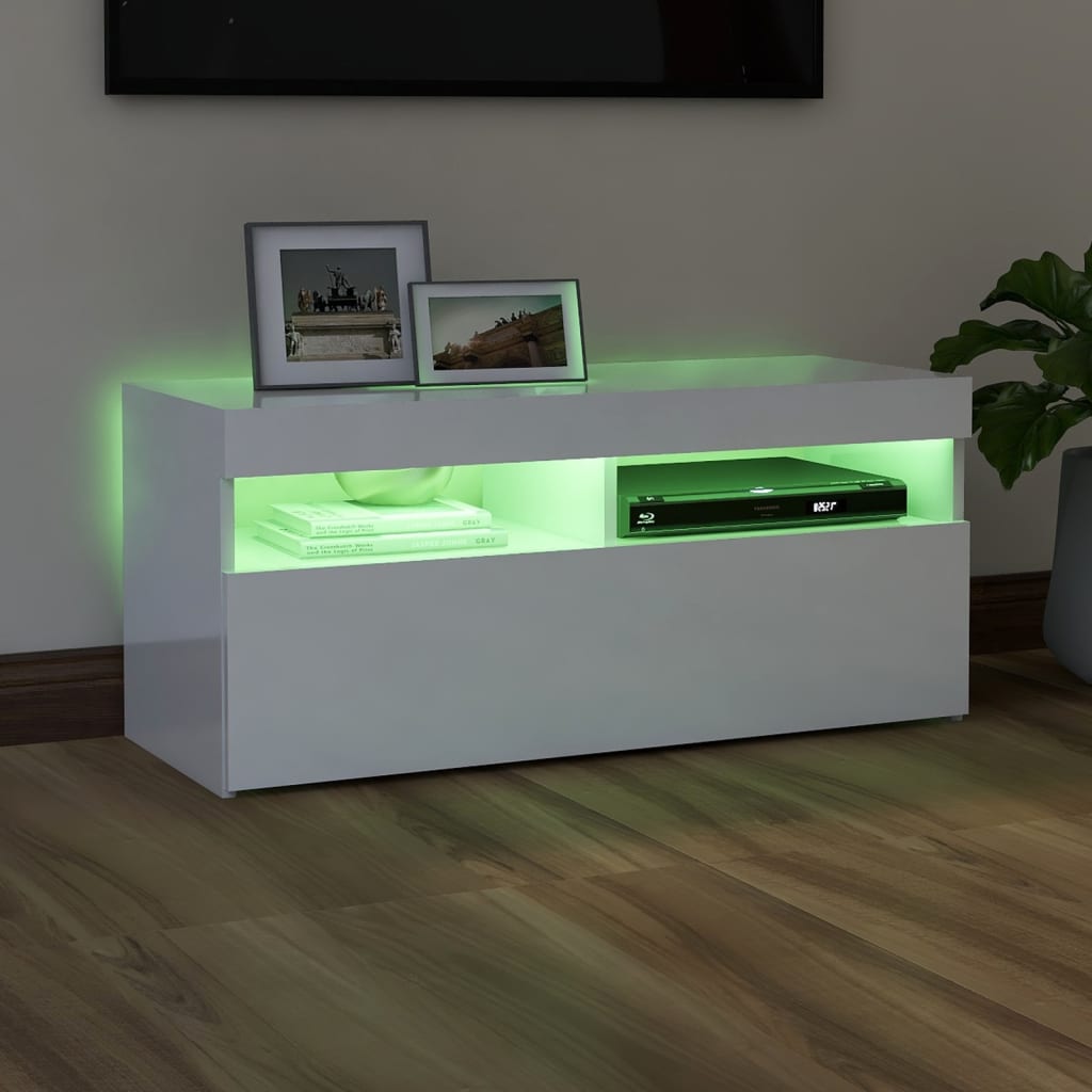 vidaXL TV Cabinet with LED Lights High Gloss White 90x35x40 cm