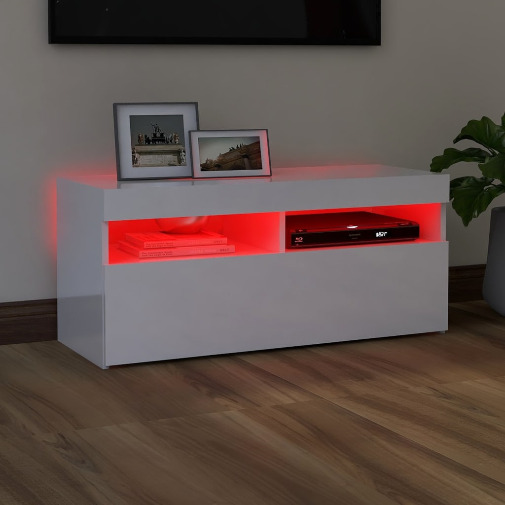 vidaXL TV Cabinet with LED Lights High Gloss White 90x35x40 cm