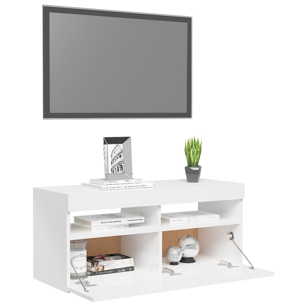 vidaXL TV Cabinet with LED Lights High Gloss White 90x35x40 cm