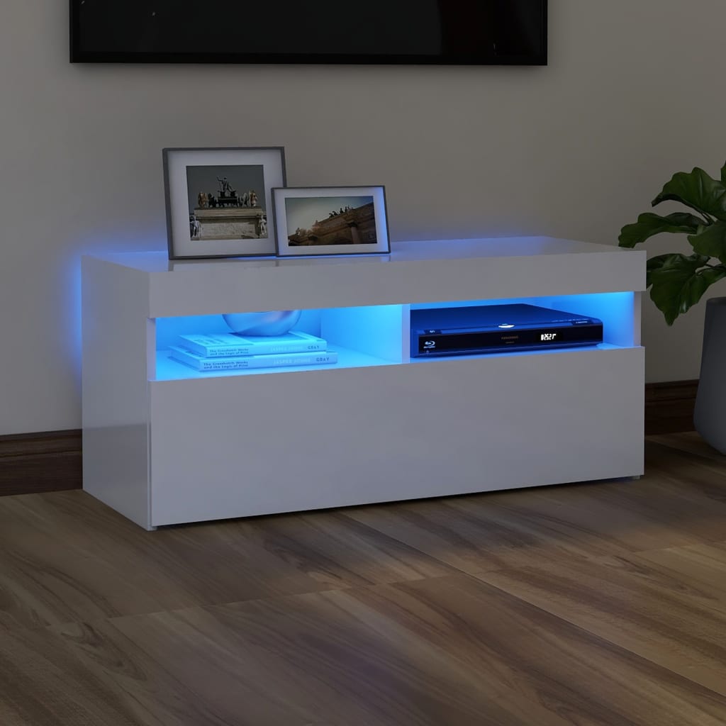 vidaXL TV Cabinet with LED Lights High Gloss White 90x35x40 cm