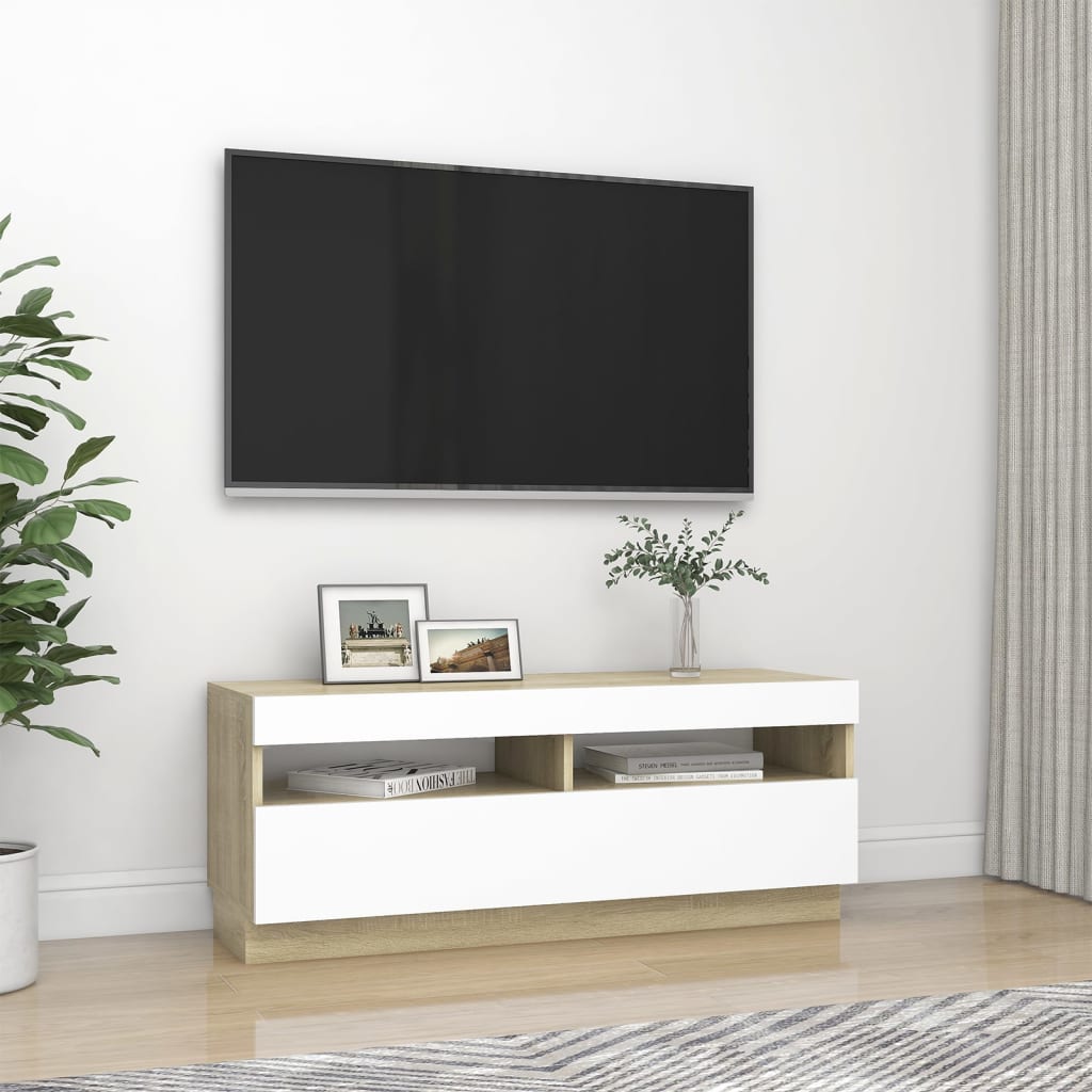 vidaXL TV Cabinet with LED Lights White and Sonoma Oak 100x35x40 cm