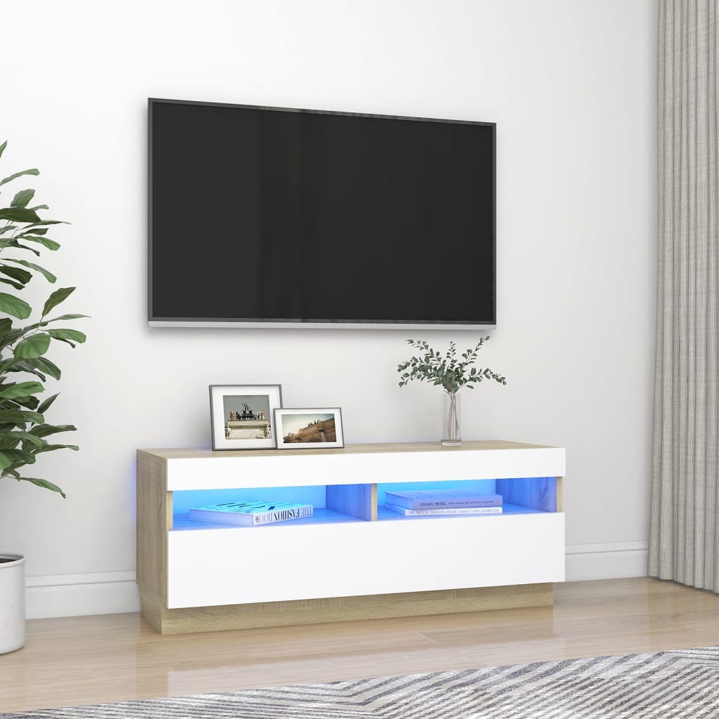 vidaXL TV Cabinet with LED Lights White and Sonoma Oak 100x35x40 cm