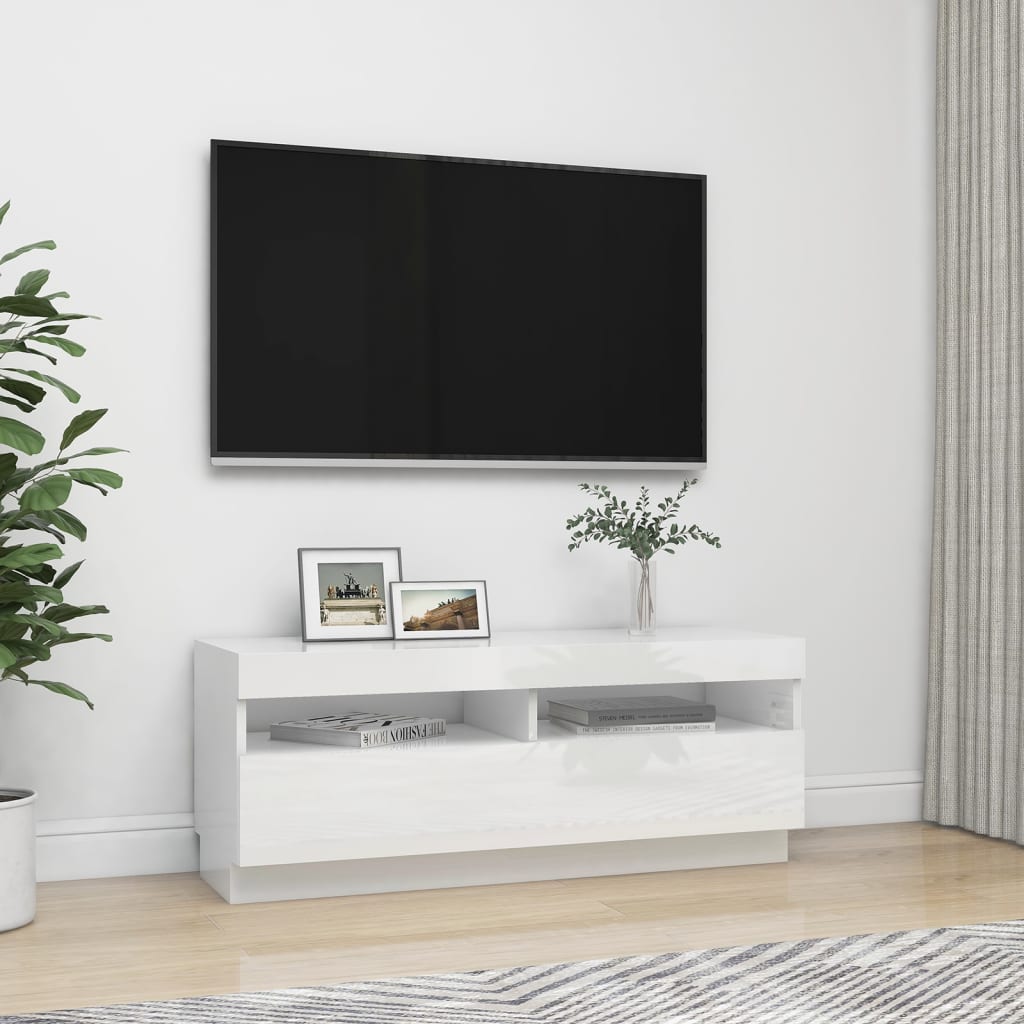 vidaXL TV Cabinet with LED Lights High Gloss White 100x35x40 cm