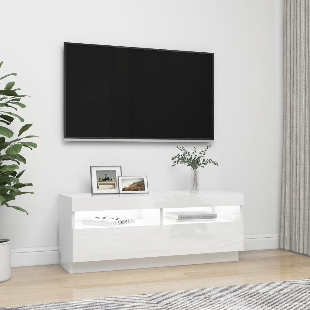 vidaXL TV Cabinet with LED Lights High Gloss White 100x35x40 cm