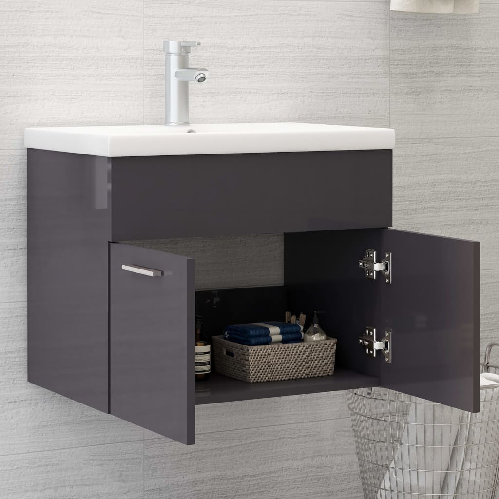 vidaXL Sink Cabinet High Gloss Grey 60x38.5x46 cm Engineered Wood