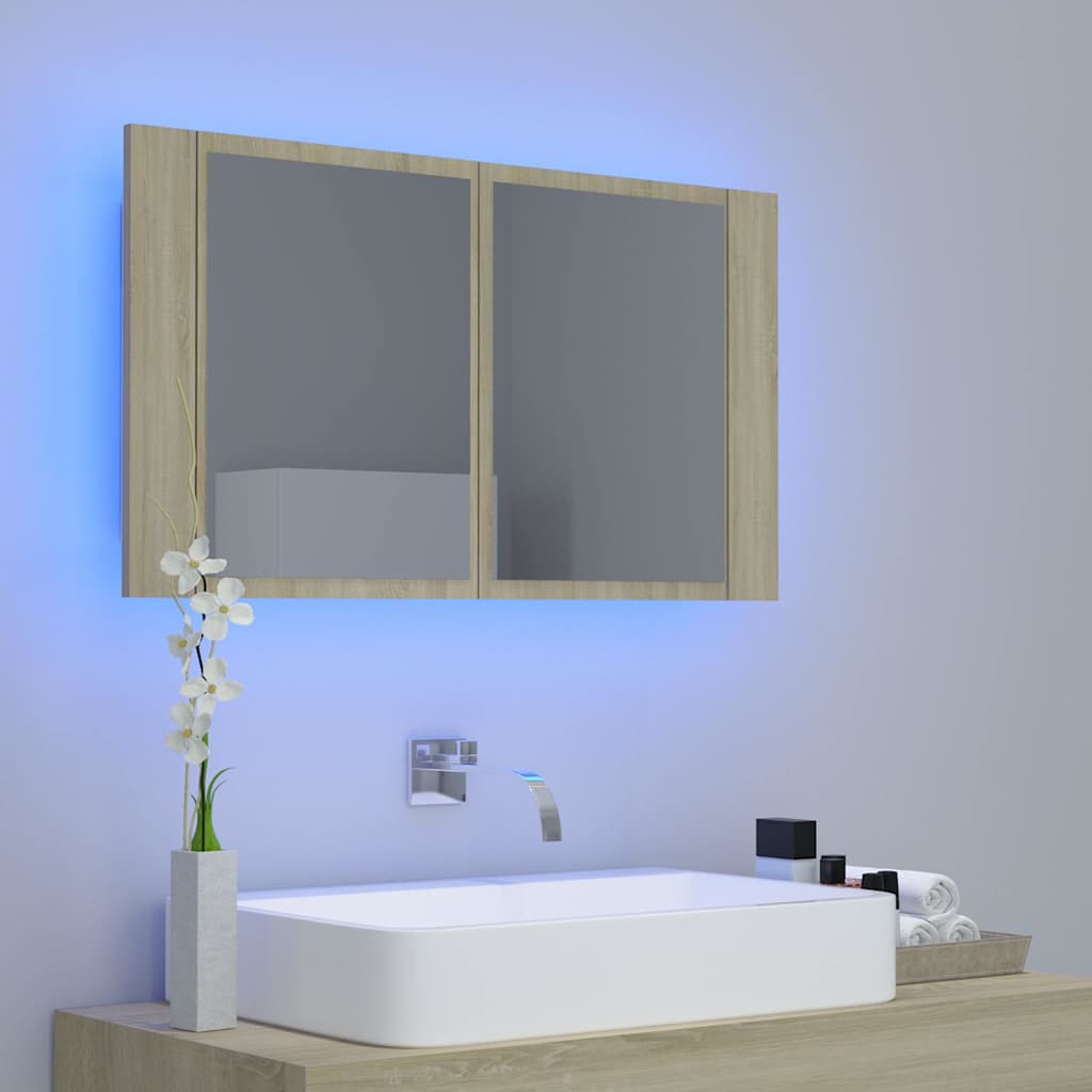 804967 vidaXL LED Bathroom Mirror Cabinet Sonoma Oak 80x12x45 cm Acrylic