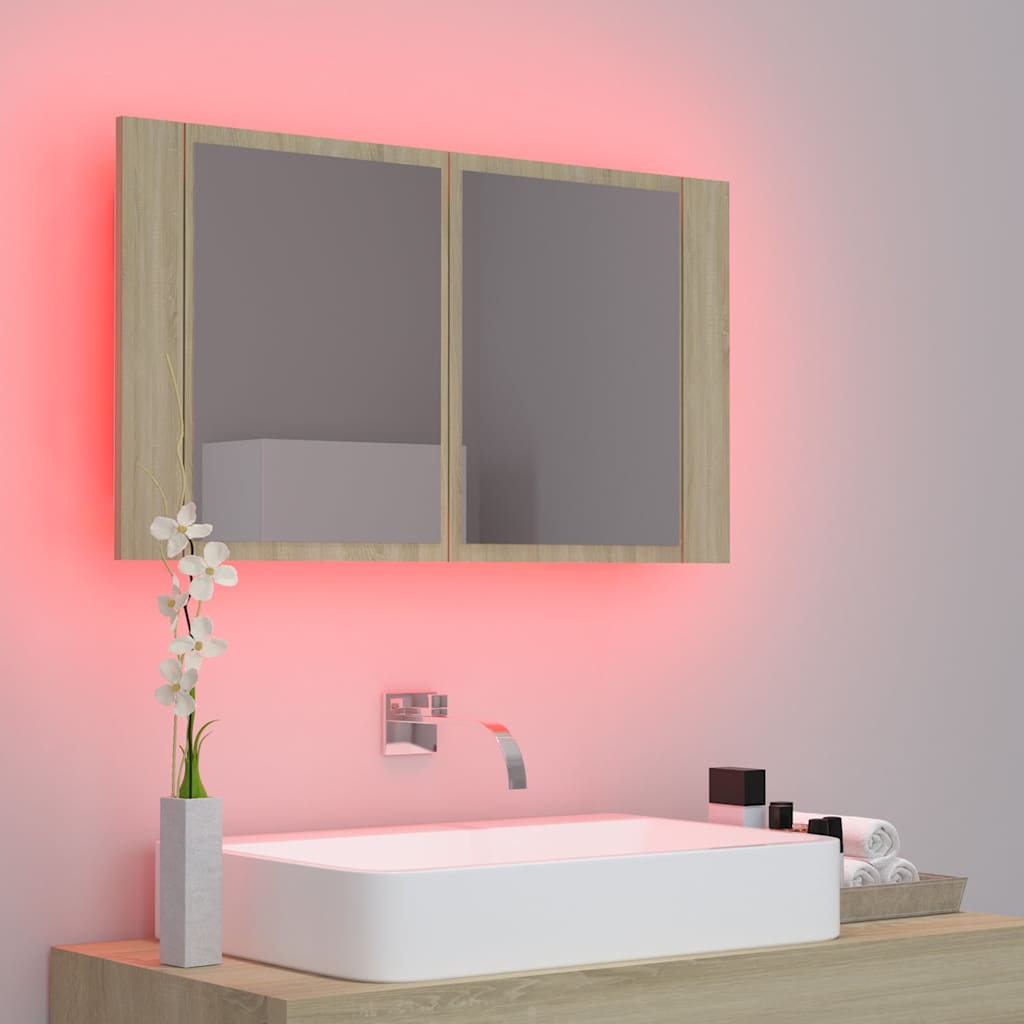 804967 vidaXL LED Bathroom Mirror Cabinet Sonoma Oak 80x12x45 cm Acrylic