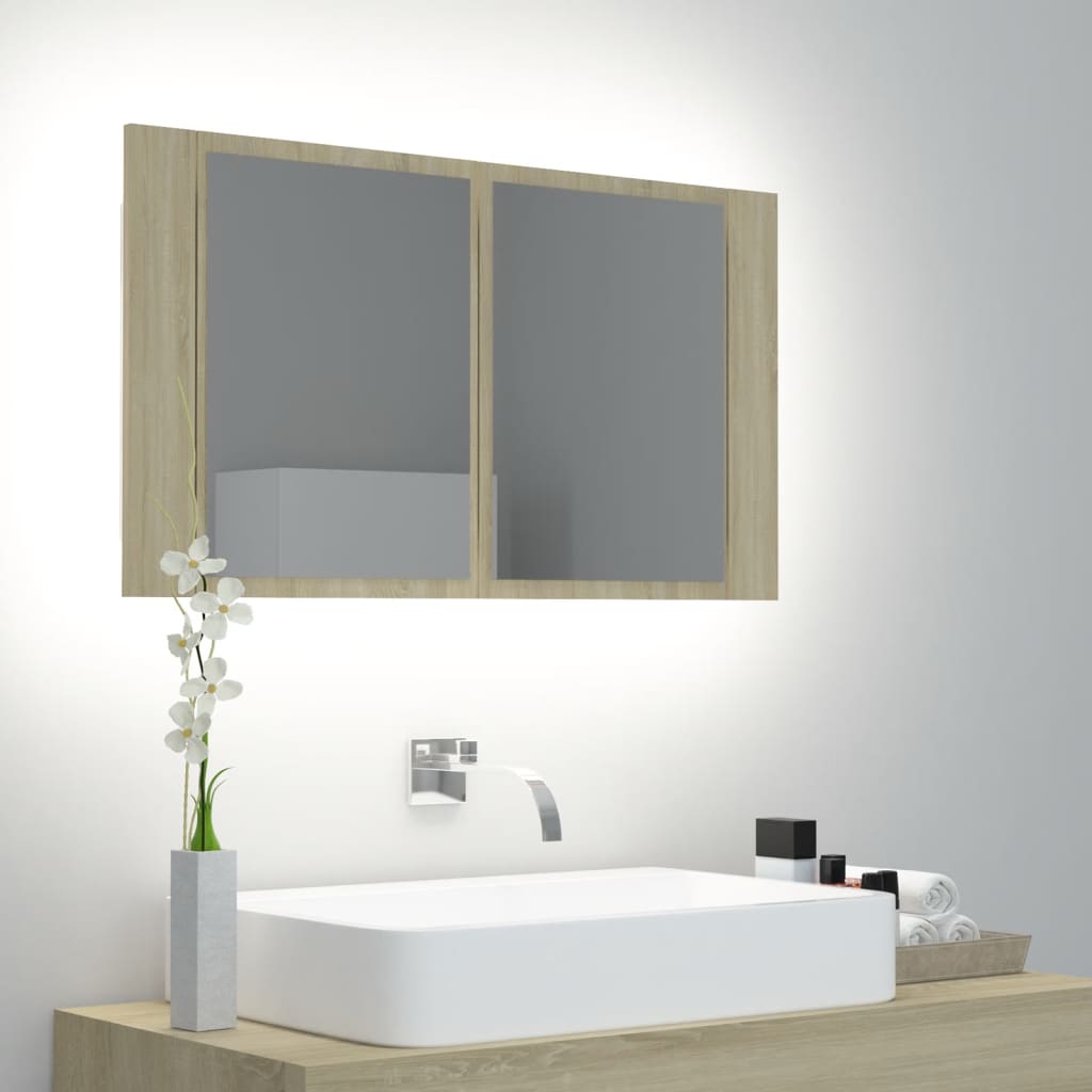 Meuble Miroir Salle de Bain LED Chêne Sonoma 80x12x45 cm Acrylique