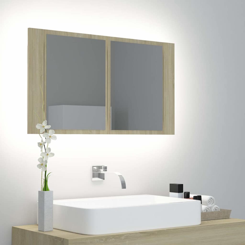 804967 vidaXL LED Bathroom Mirror Cabinet Sonoma Oak 80x12x45 cm Acrylic