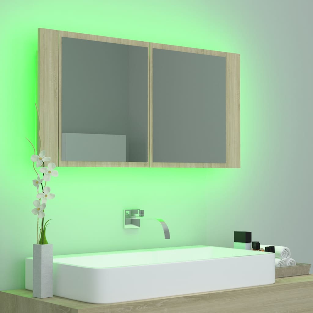 vidaXL LED Bathroom Mirror Cabinet Sonoma Oak 90x12x45 cm Acrylic