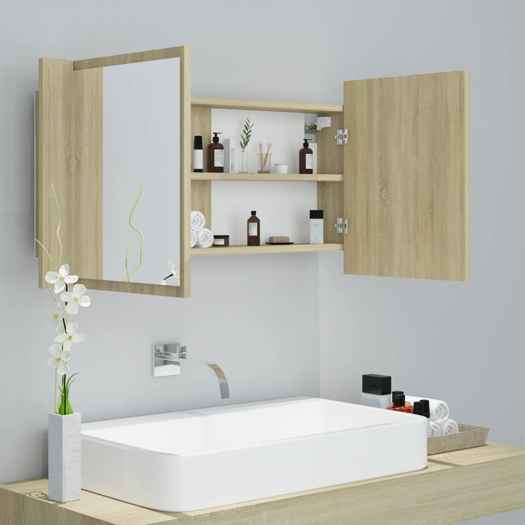 vidaXL LED Bathroom Mirror Cabinet Sonoma Oak 90x12x45 cm Acrylic