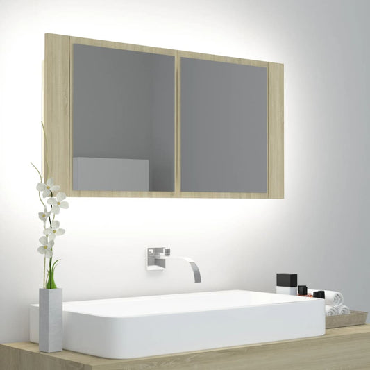 vidaXL LED Bathroom Mirror Cabinet Sonoma Oak 90x12x45 cm Acrylic