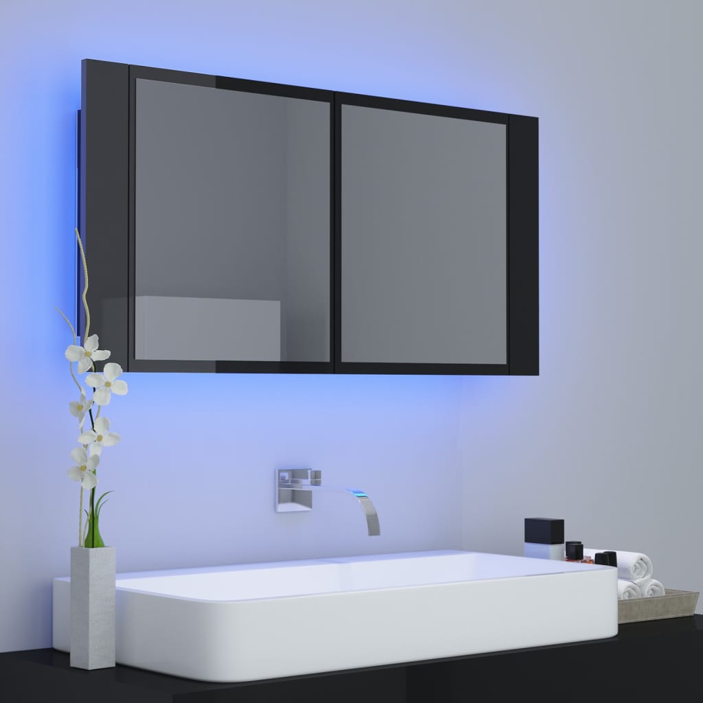 vidaXL LED Bathroom Mirror Cabinet High Gloss Black 90x12x45 cm Acrylic