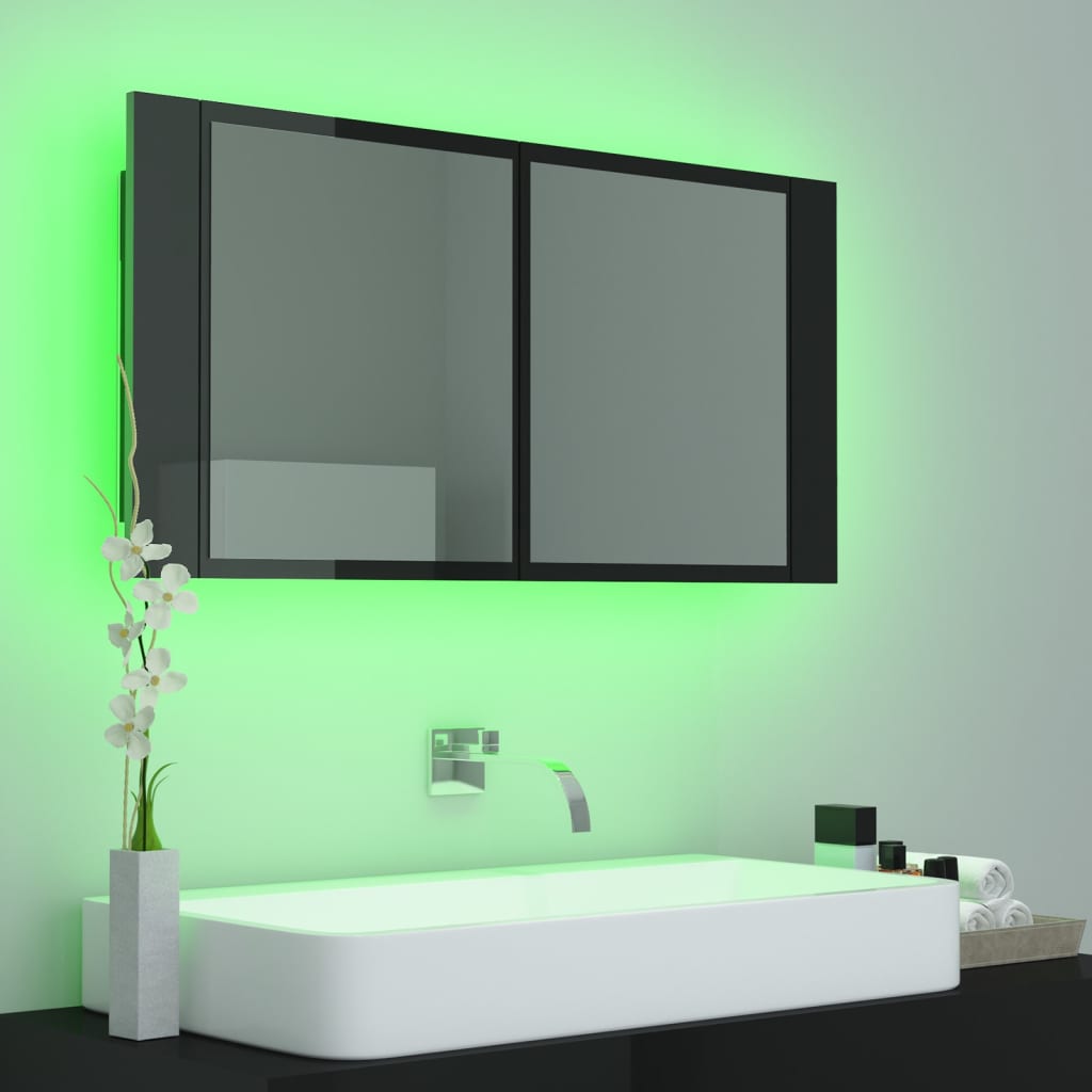 vidaXL LED Bathroom Mirror Cabinet High Gloss Black 90x12x45 cm Acrylic