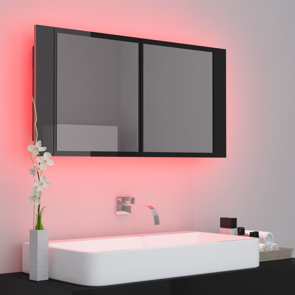 vidaXL LED Bathroom Mirror Cabinet High Gloss Black 90x12x45 cm Acrylic