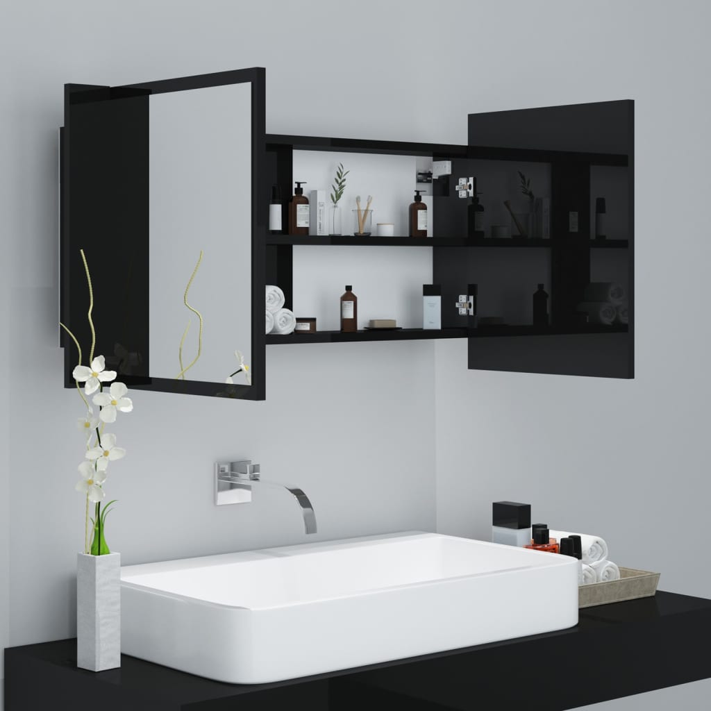 vidaXL LED Bathroom Mirror Cabinet High Gloss Black 90x12x45 cm Acrylic