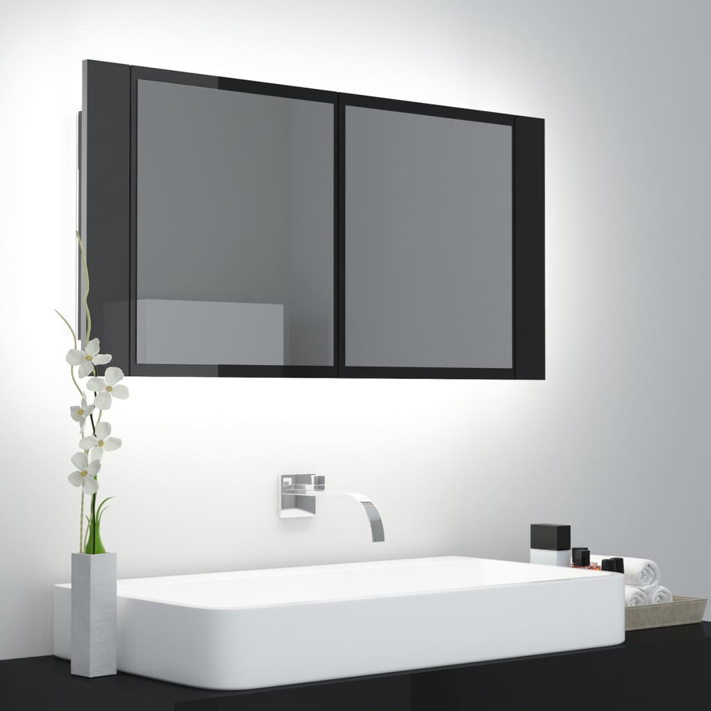 vidaXL LED Bathroom Mirror Cabinet High Gloss Black 90x12x45 cm Acrylic