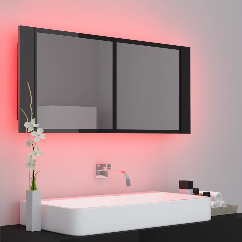 vidaXL LED Bathroom Mirror Cabinet High Gloss Black 100x12x45cm Acrylic