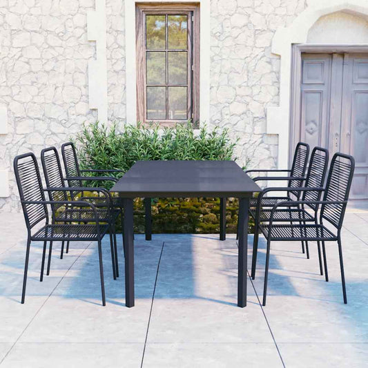 7 Piece Garden Dining Set Black Glass and Steel