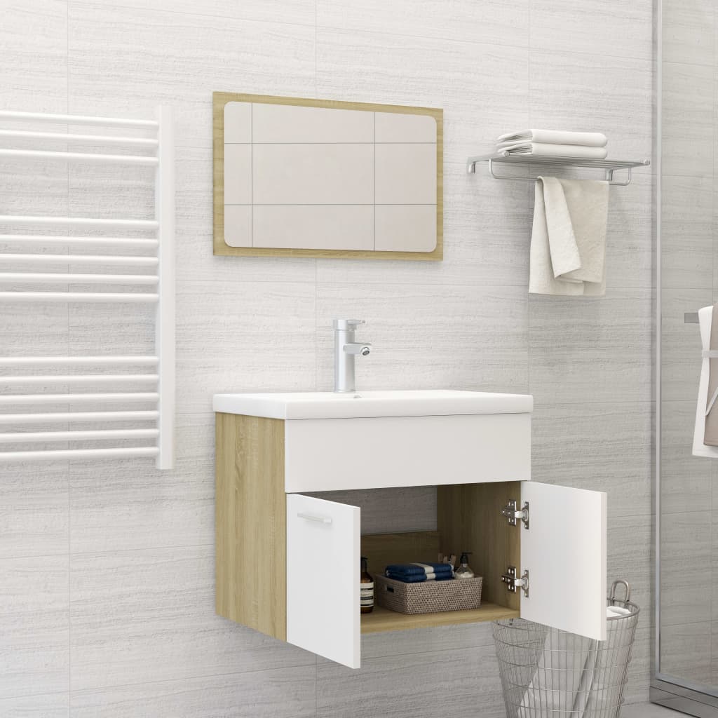 Ensemble de meubles de salle de bain 2 pièces en bois d'ingénierie blanc et chêne Sonoma