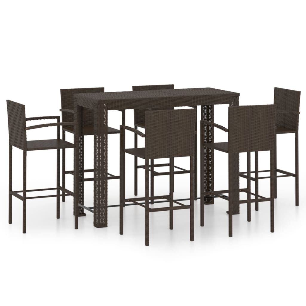 vidaXL 7 Piece Outdoor Bar Set with Armrest Poly Rattan Brown