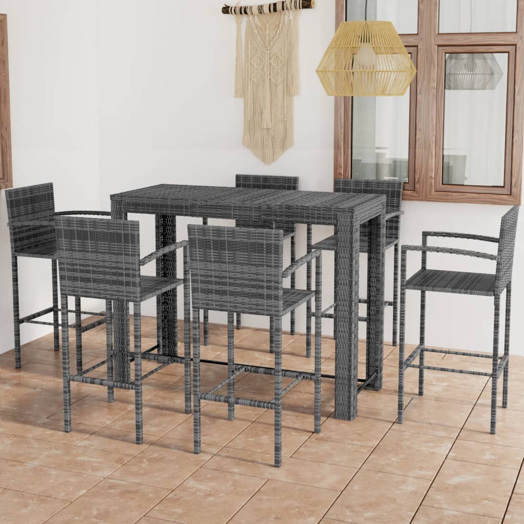 vidaXL 7 Piece Outdoor Bar Set with Armrest Poly Rattan Grey