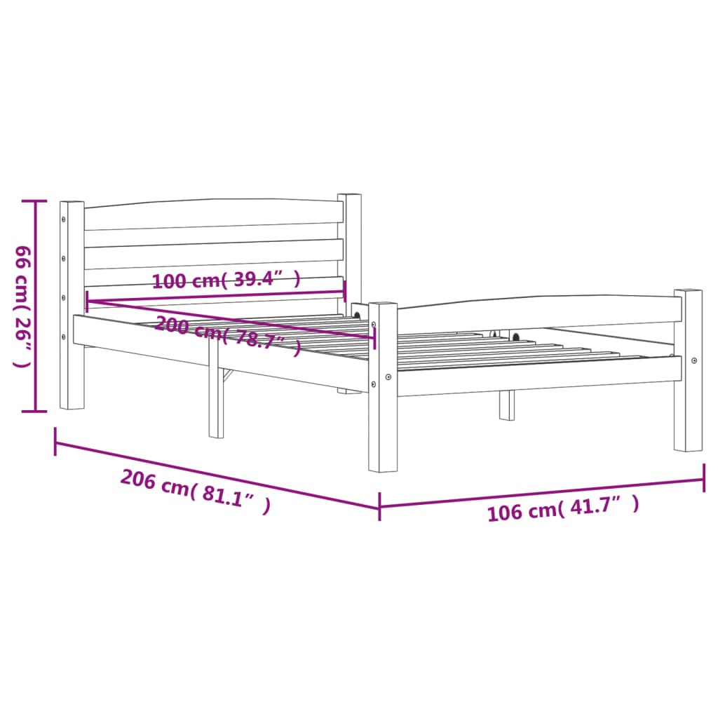 Cadre de lit en pin massif gris foncé 100x200 cm