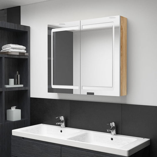 vidaXL LED Bathroom Mirror Cabinet White and Oak 80x12x68 cm