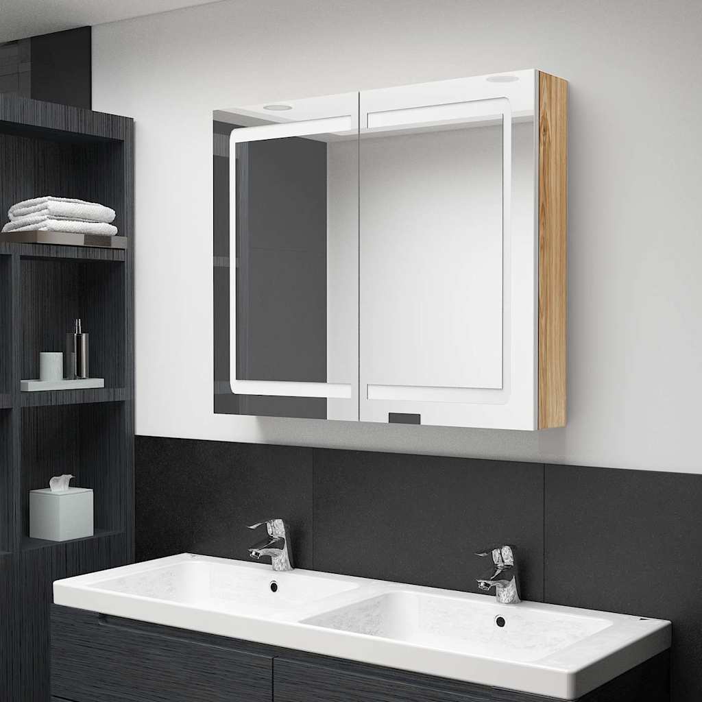 326516 vidaXL LED Bathroom Mirror Cabinet White and Oak 80x12x68 cm