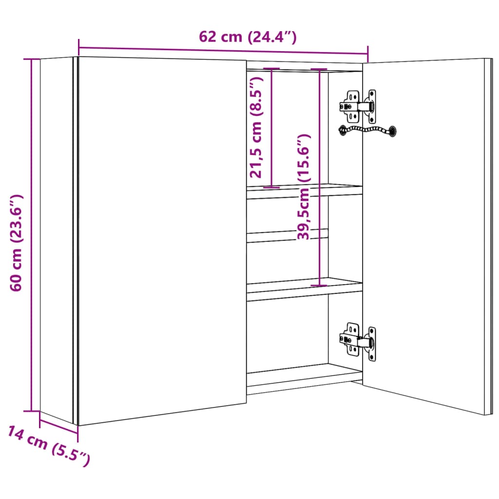 vidaXL LED Bathroom Mirror Cabinet Shining Black 62x14x60 cm