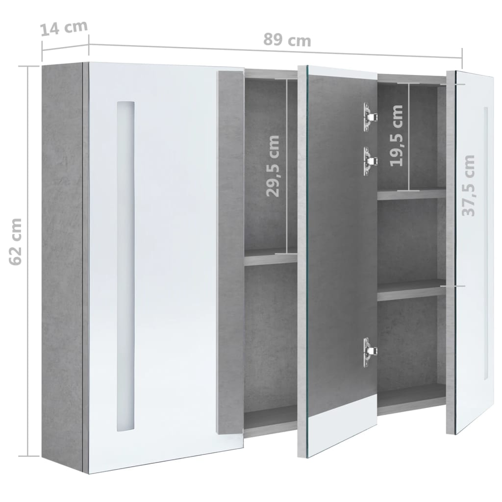 vidaXL LED Bathroom Mirror Cabinet Concrete Grey 89x14x62 cm