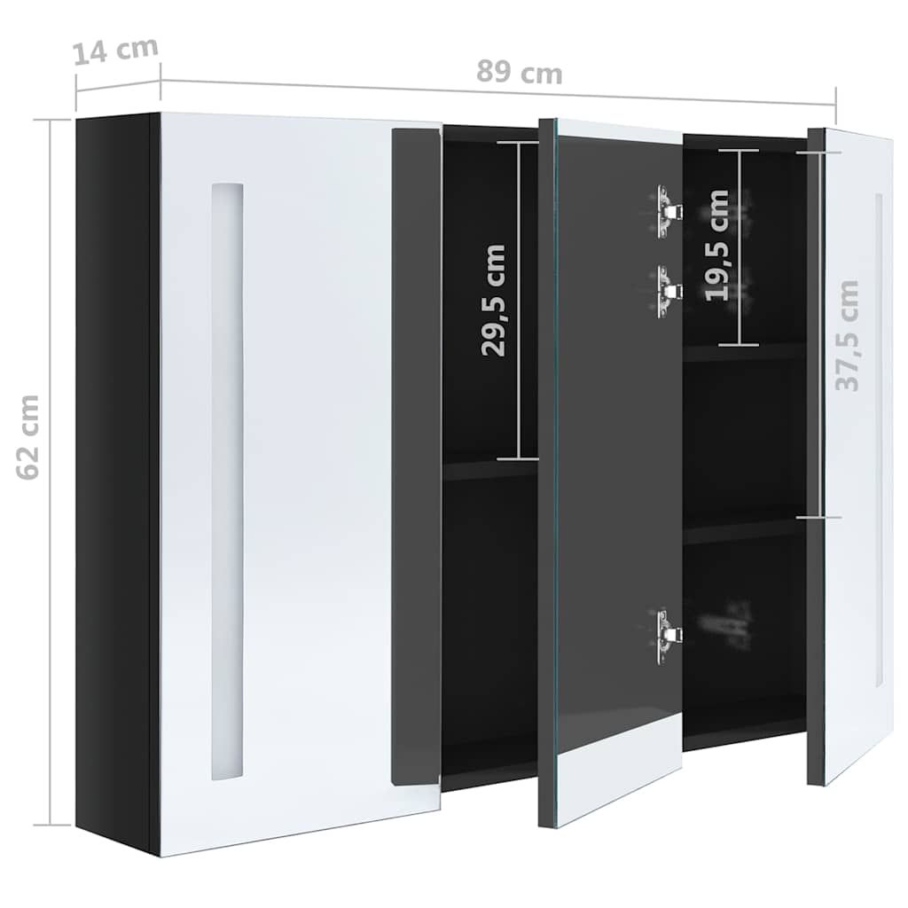 326526 vidaXL LED Bathroom Mirror Cabinet 89x14x62 cm Shining Black