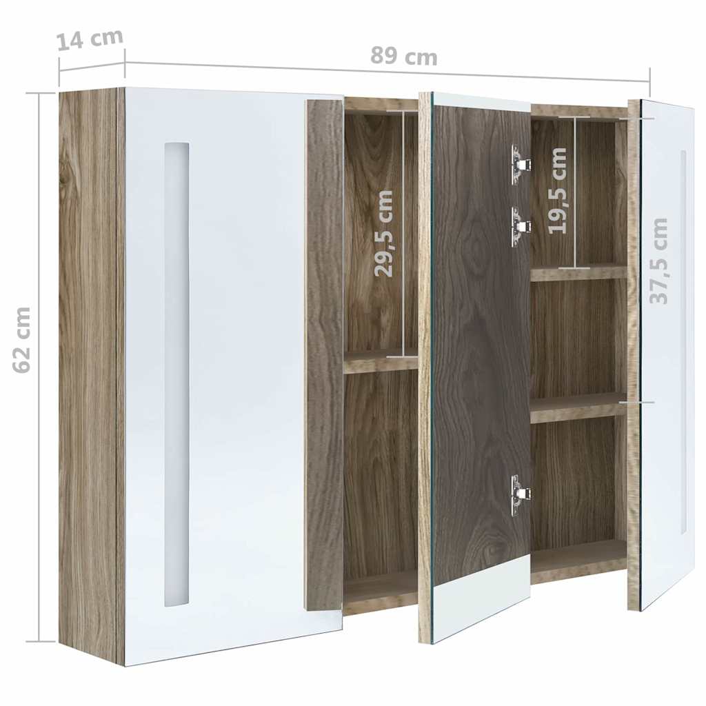326529 vidaXL LED Bathroom Mirror Cabinet 89x14x62 cm Oak