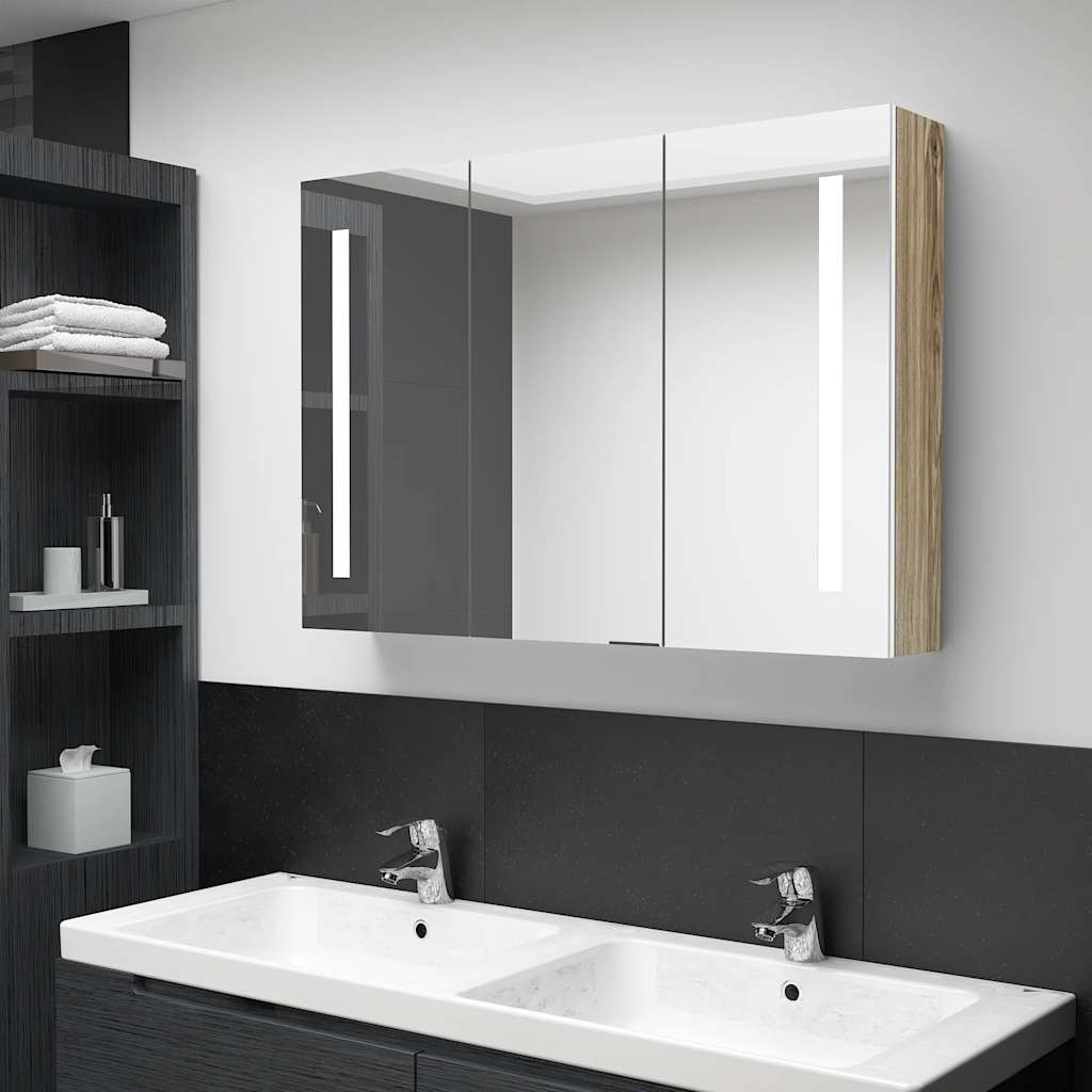 Bathroom Cabinet | White and Oak | MDF with melamine finish, glass mirror