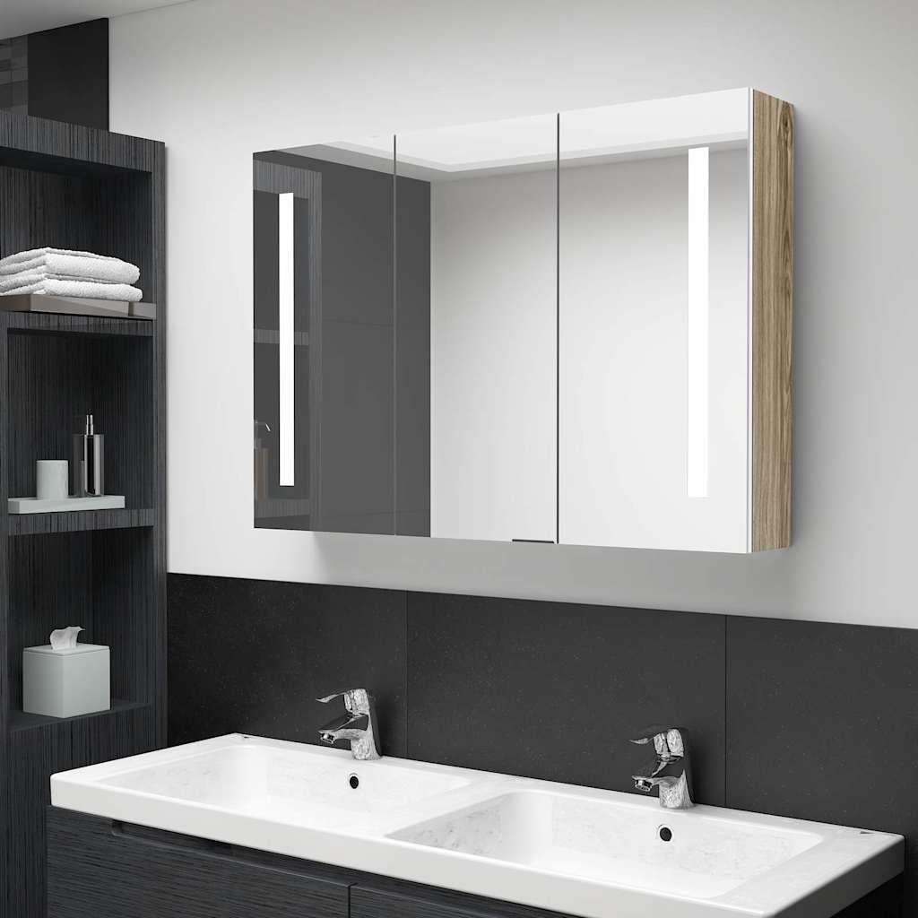 326530 vidaXL LED Bathroom Mirror Cabinet 89x14x62 cm White and Oak