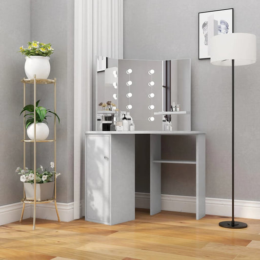 vidaXL Corner Dressing Table with LED Concrete Grey 111x54x141.5 cm