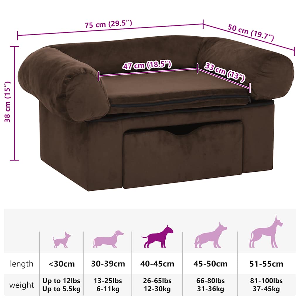 vidaXL Dog Sofa with Drawer Brown 75x50x38 cm Plush