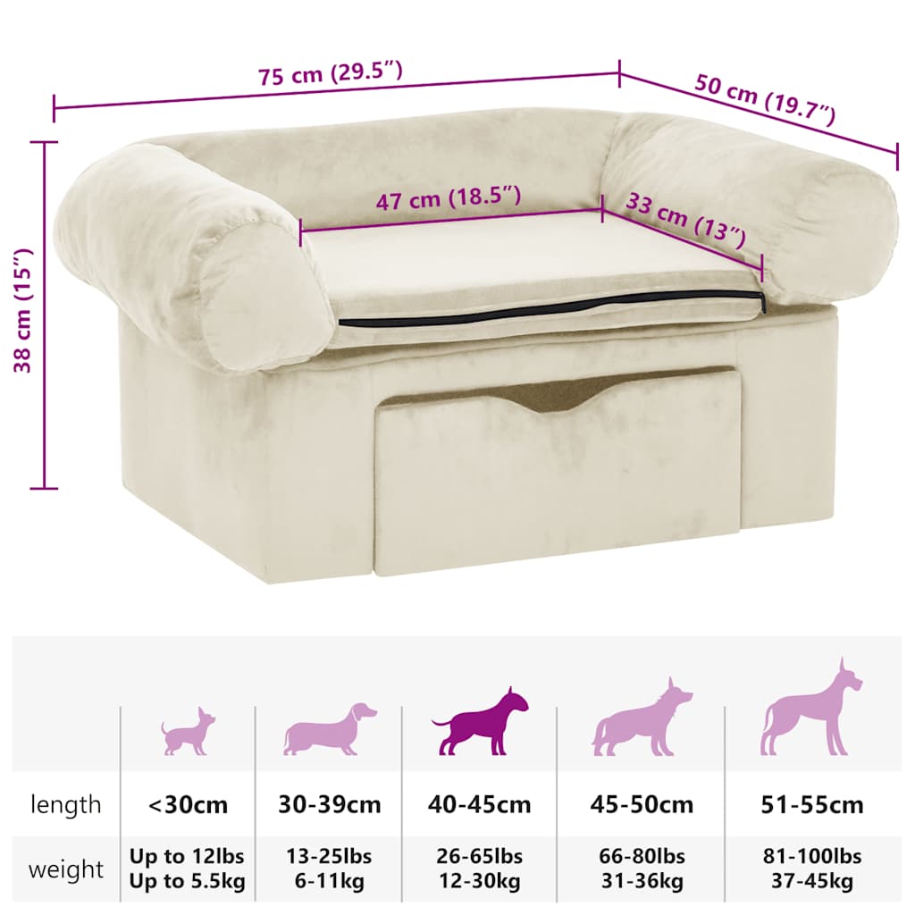 vidaXL Dog Sofa with Drawer Cream 75x50x38 cm Plush